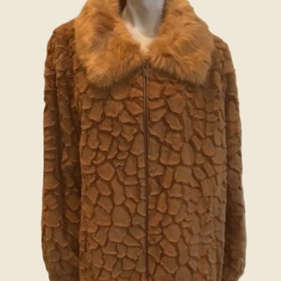 ADRIENNE LANDAU CAMEL COLLARED FAUX FUR LONG SLEEVE JACKET COAT ( XL ) NWT $275 - Picture 2 of 16